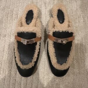 Hermes Leather & Shearling Slides